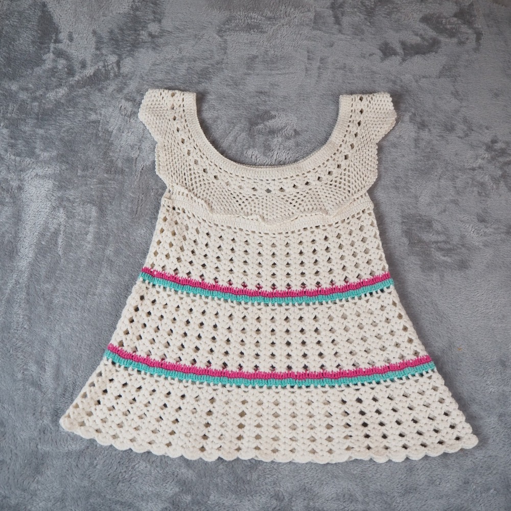 Vintage Y2K Crochet Open Knit Tank Top Women's Small Wool Blend Tired Scalloped
